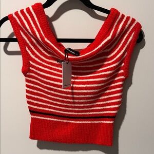 Olivaceous Red and White Striped Knit Sleeveless Sweater off the should or on